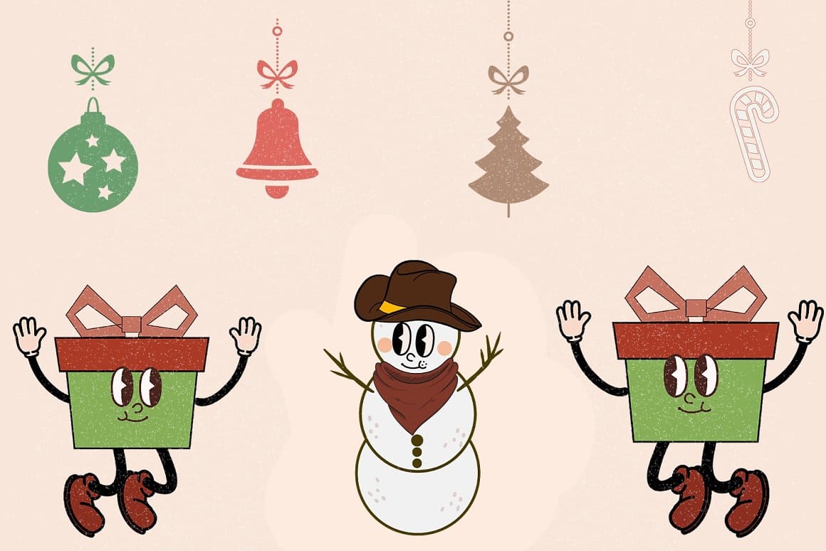 A cowboy snowman and gifts in retro colors are depicted on a light beige background.