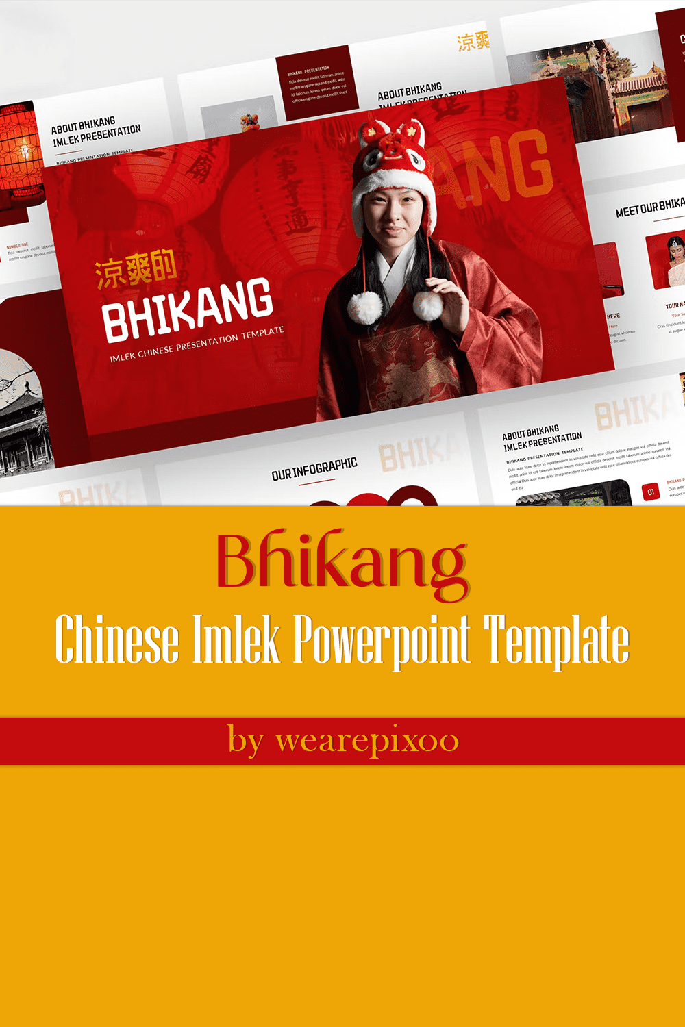 Inscription "Bhikang - Chinese Imlek Powerpoint Template" on the yelllow background.