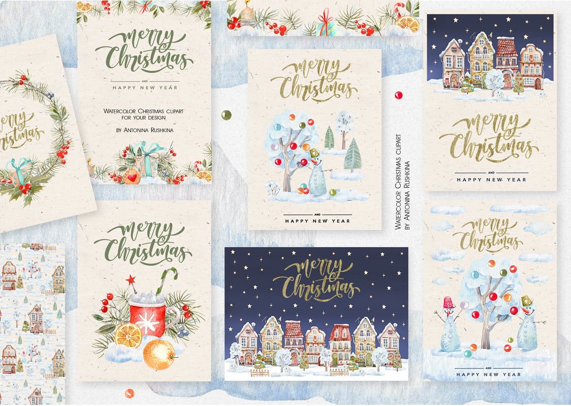 Merry Christmas cards with different designs.