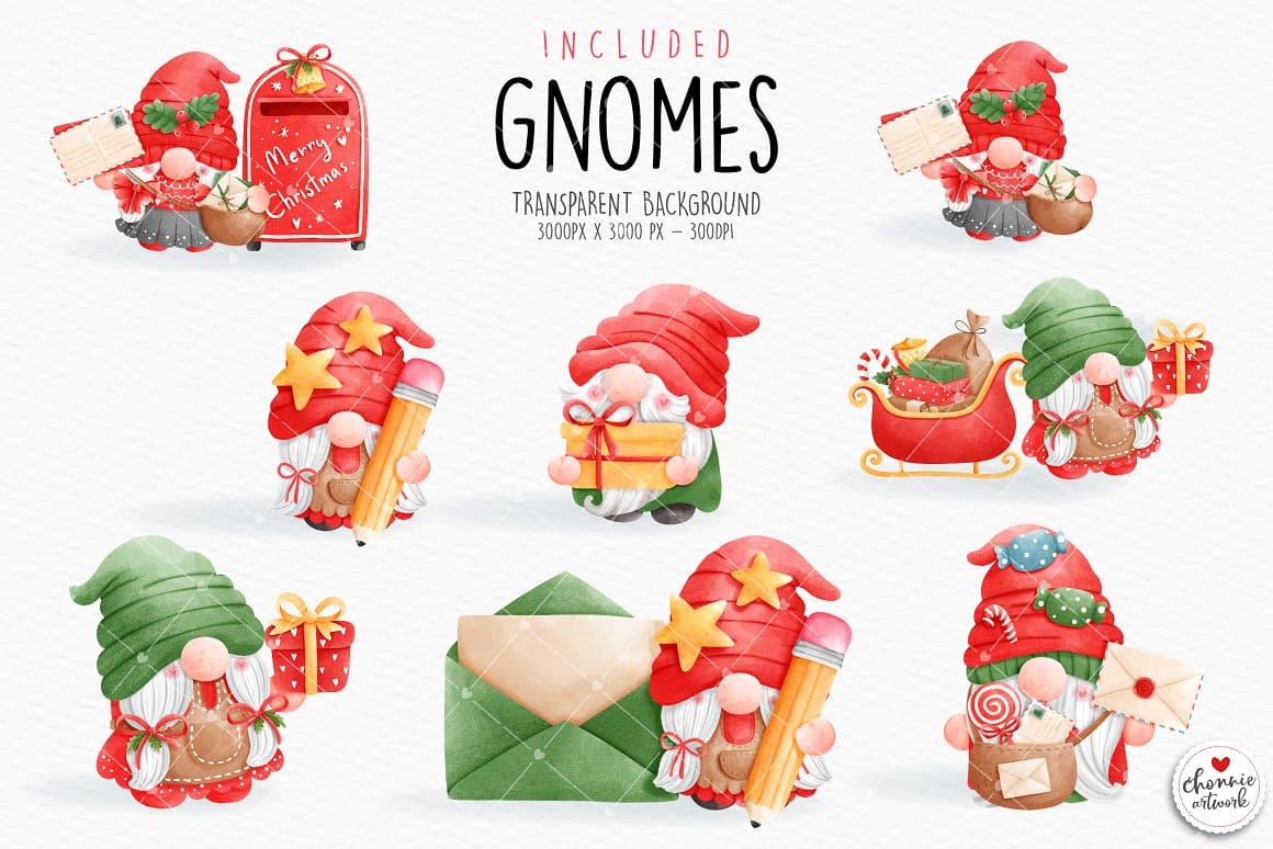 Several gnomes with red and green hats and Christmas presents.