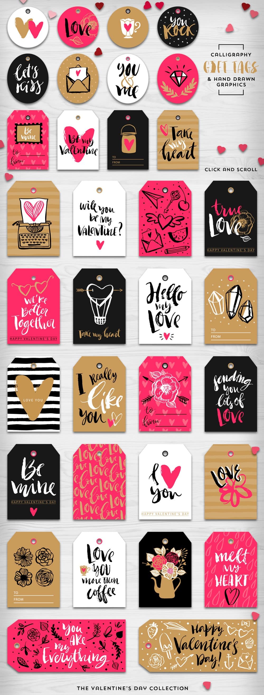 Cards in black, pink and beige colors with inscriptions for Valentine's Day.