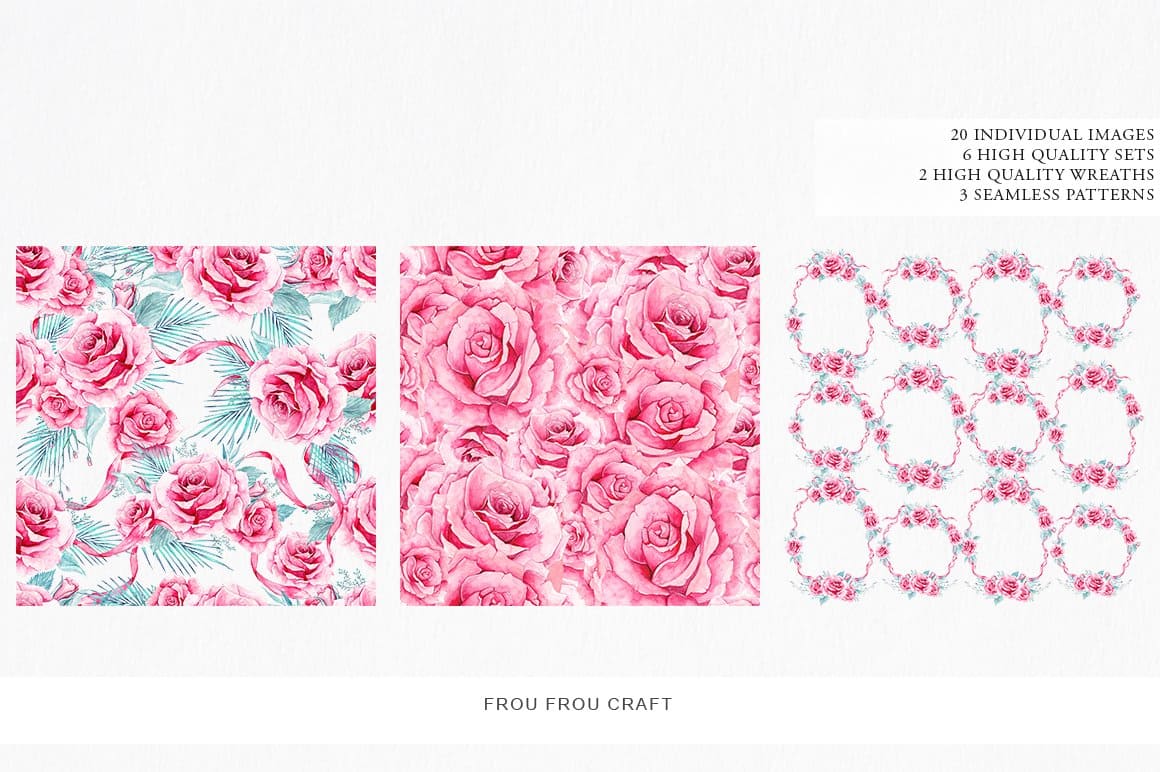 3 patterns with pink roses of different sizes.