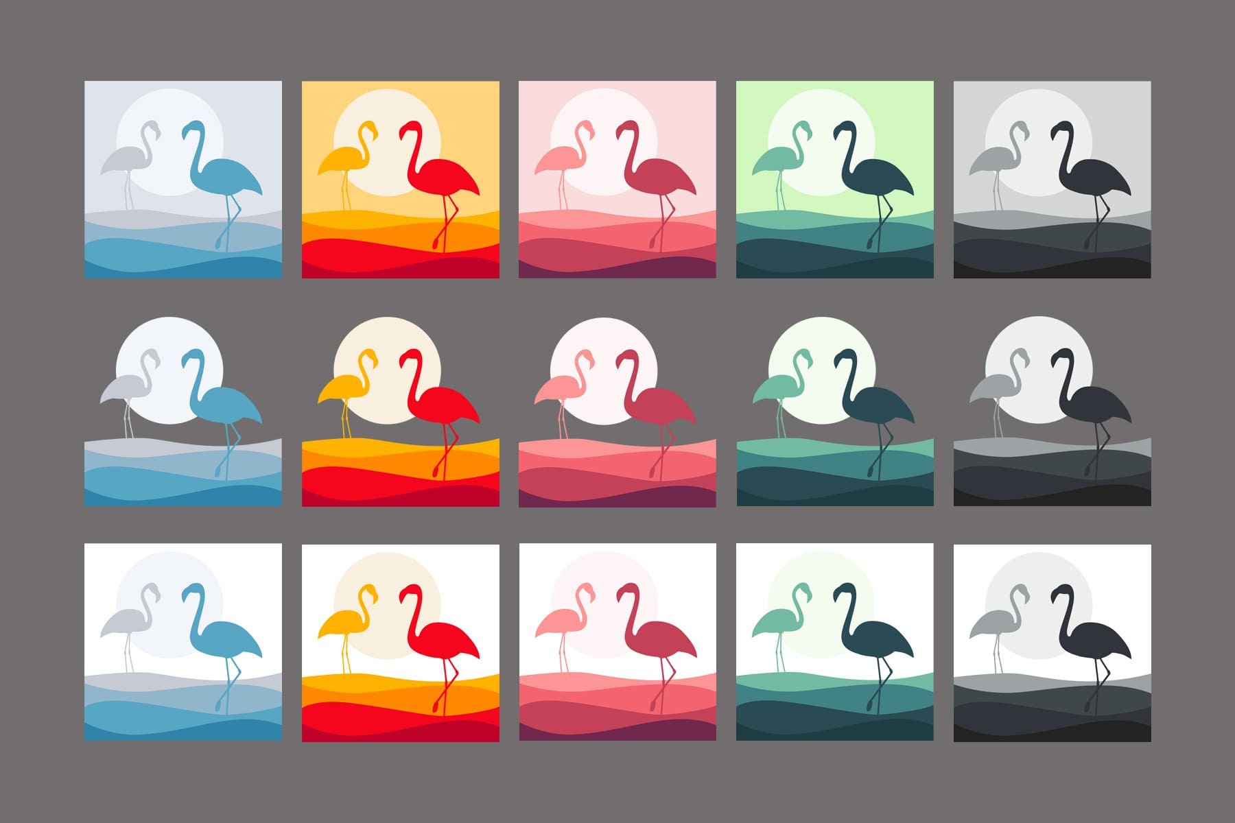 Images of flamingos and seascapes in different colors.
