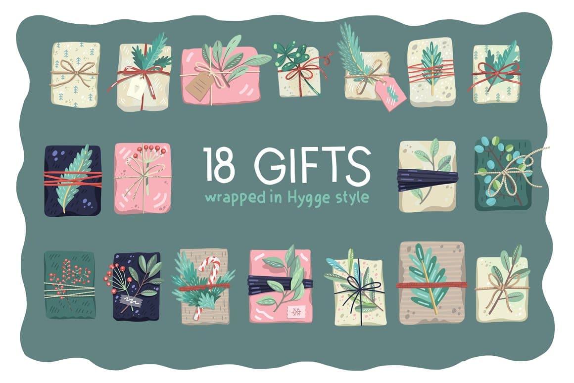 18 gifts wrapped in Hygge style.