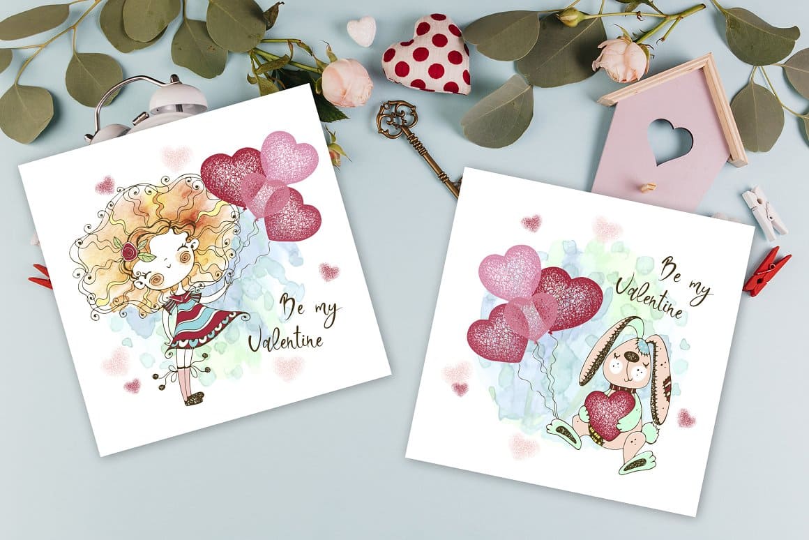 One card with a watercolor drawing of a girl in love, another card with the image of a rabbit.