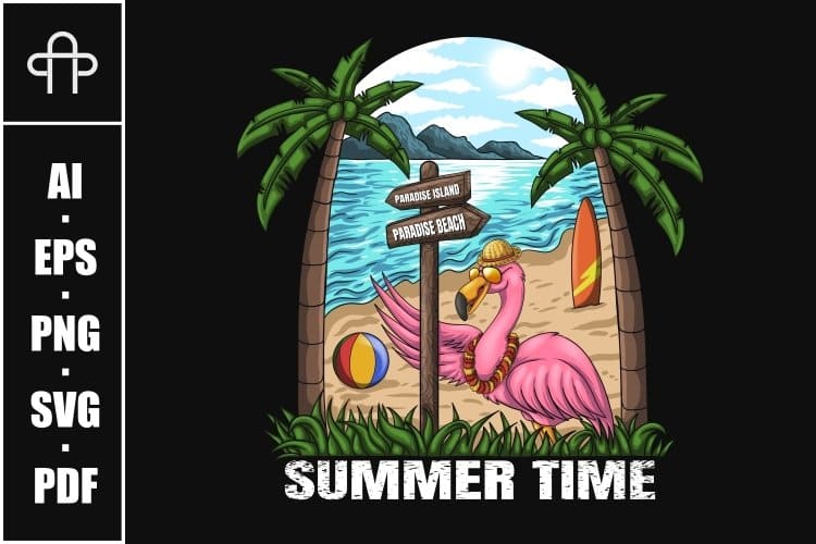 Image of a beach and a pink flamingo with a golden beak.