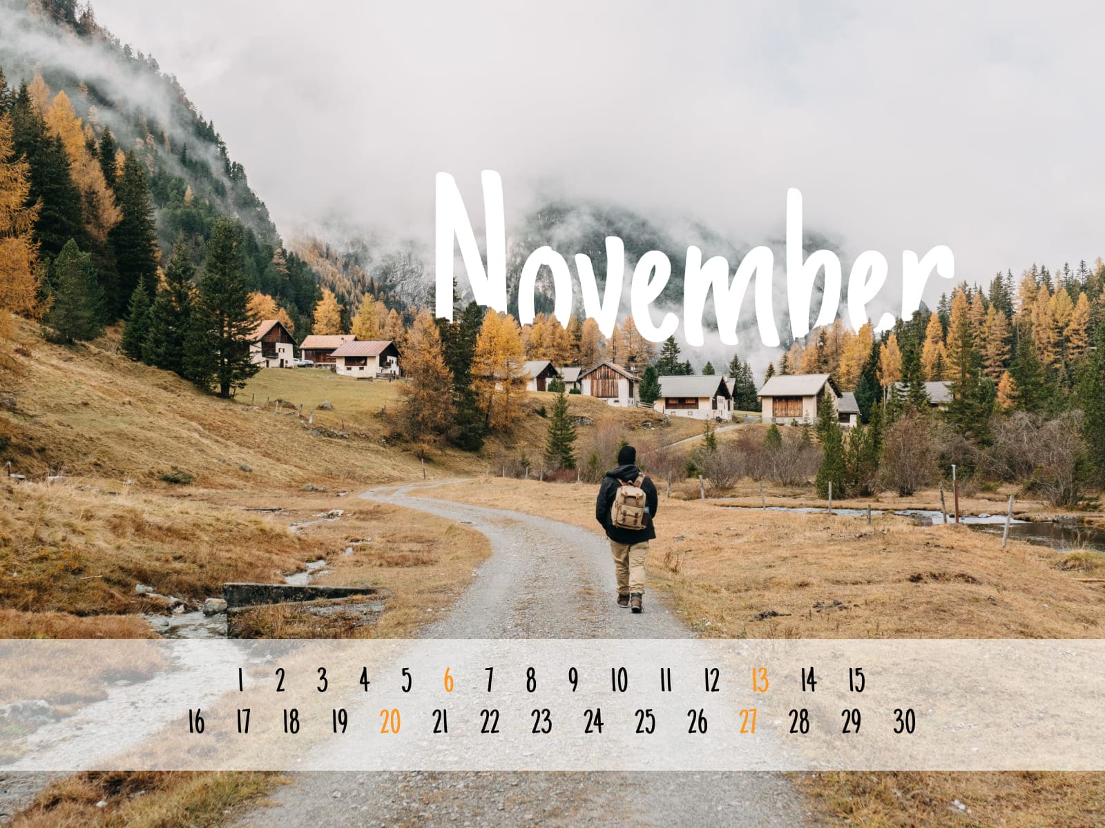 Free November calendar with mountains size 1600x1200.