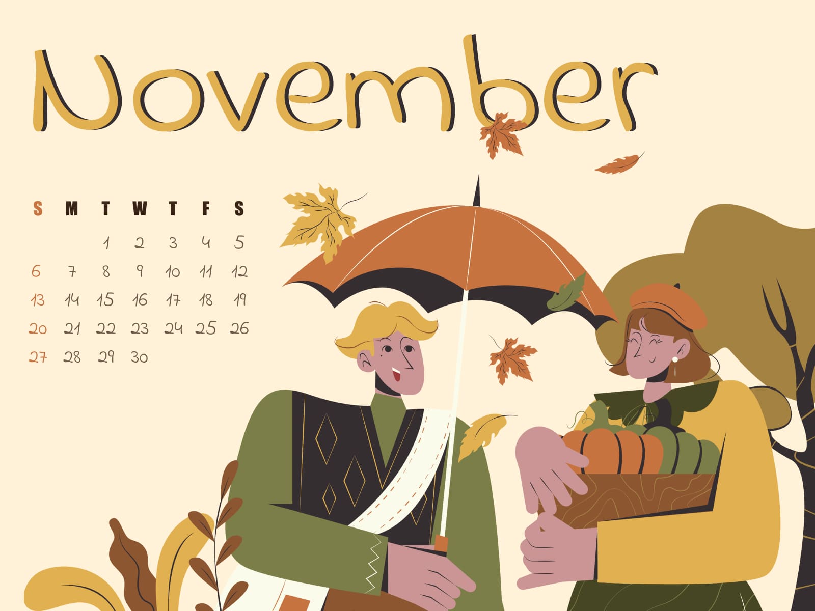Free autumn November calendar, image size 1600x1200.