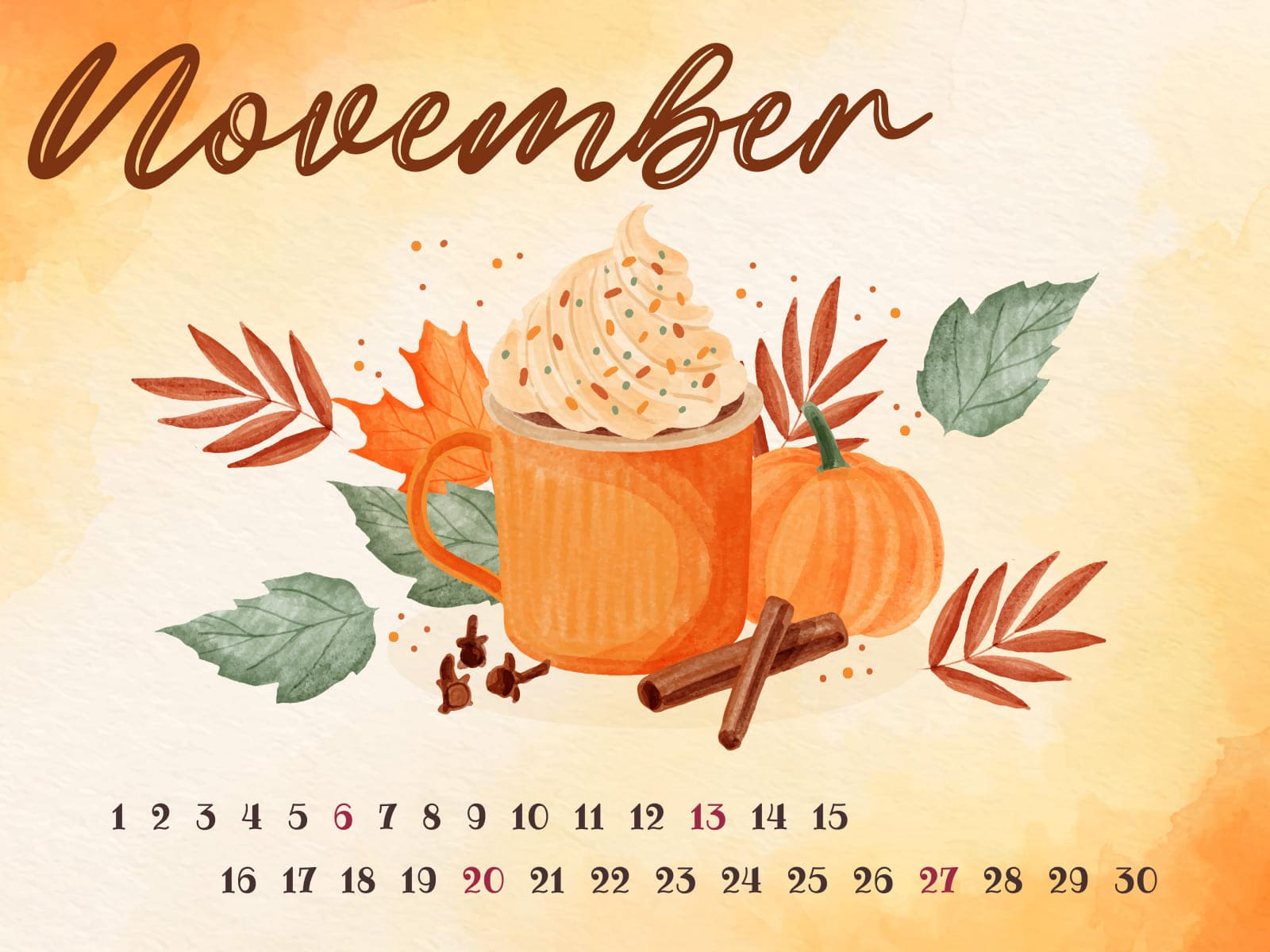 Free food calendar for November 1600x1200.