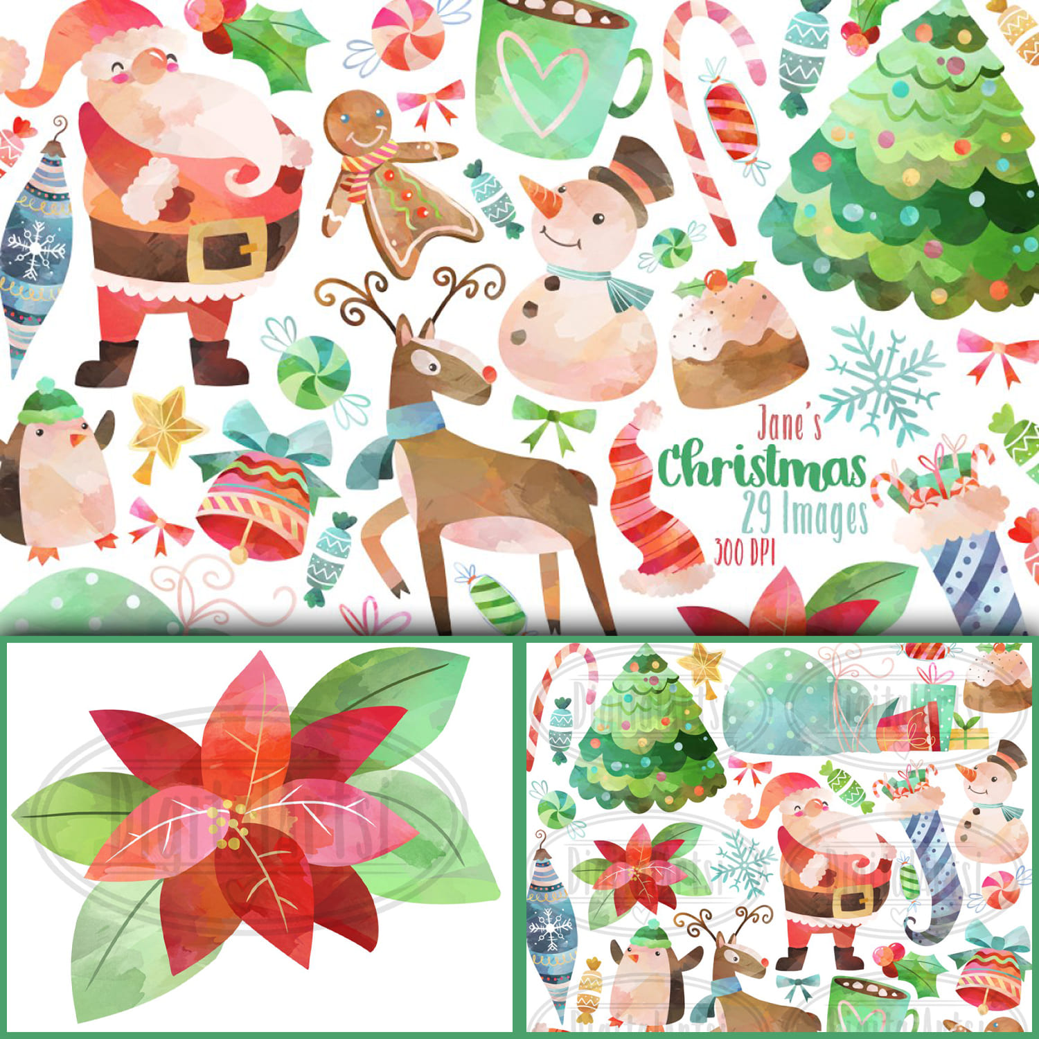Santa Claus, cookies, candies, Christmas toys to create a Christmas design.