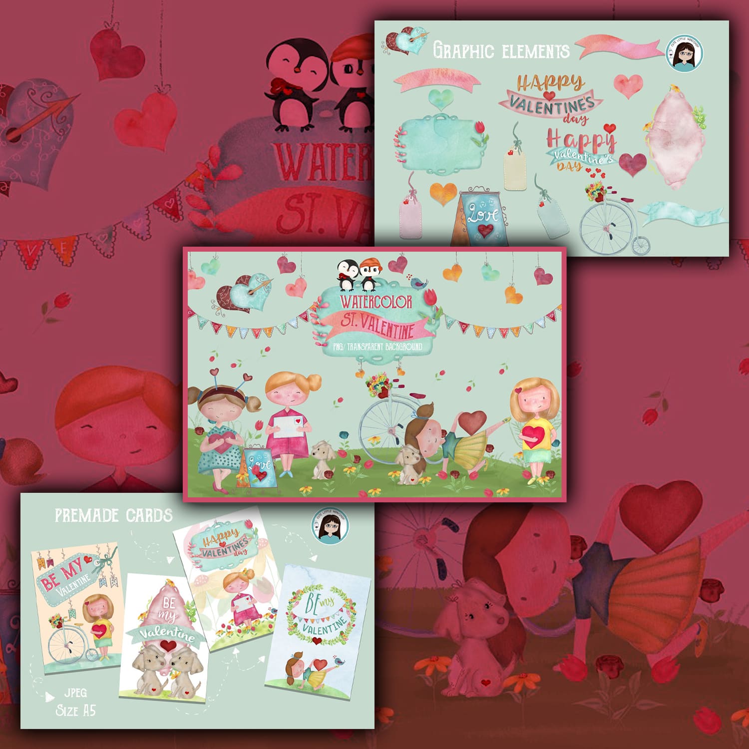 Three slides with graphic elements of Watercolor St. Valentine.