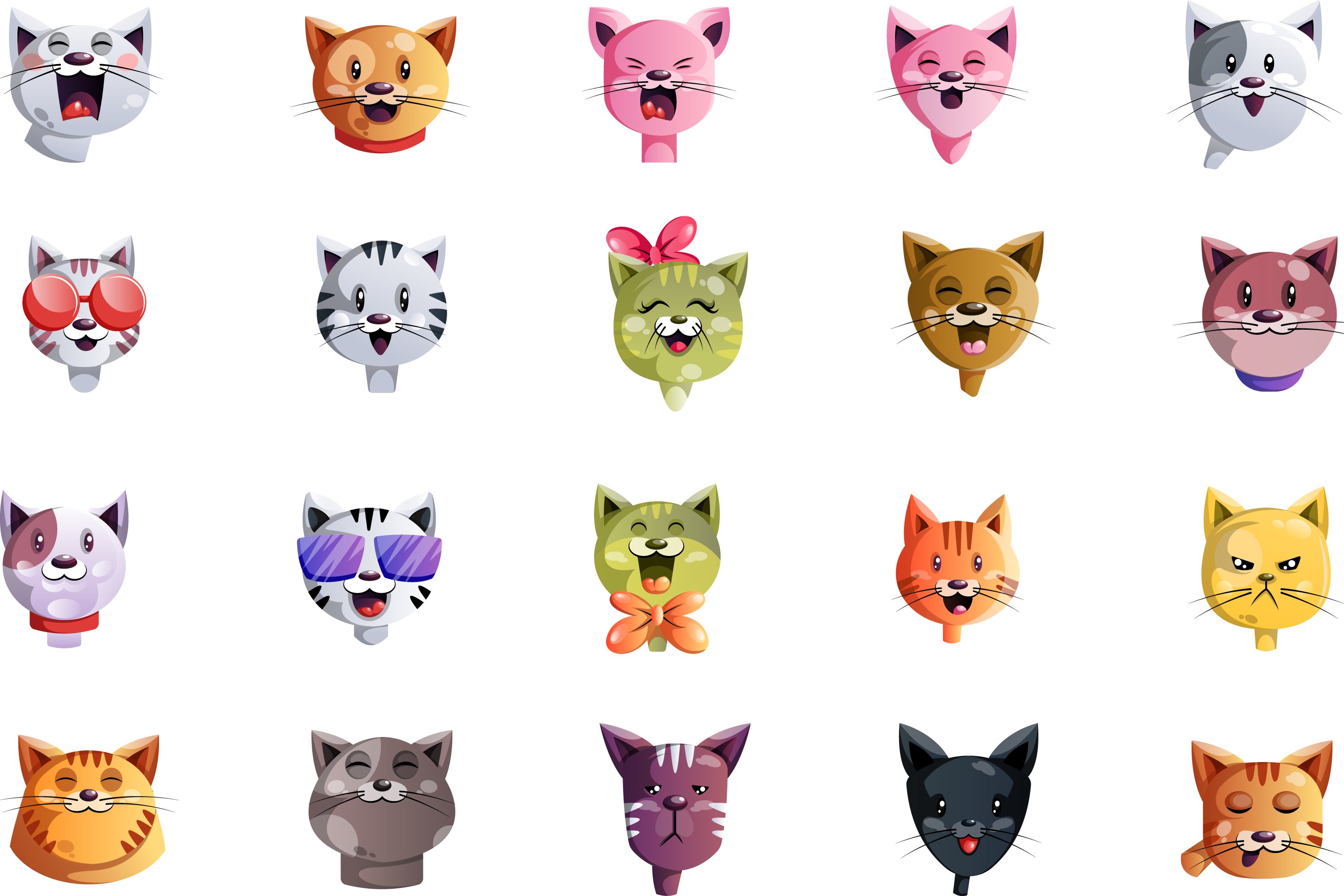 Multicolored faces of cats.