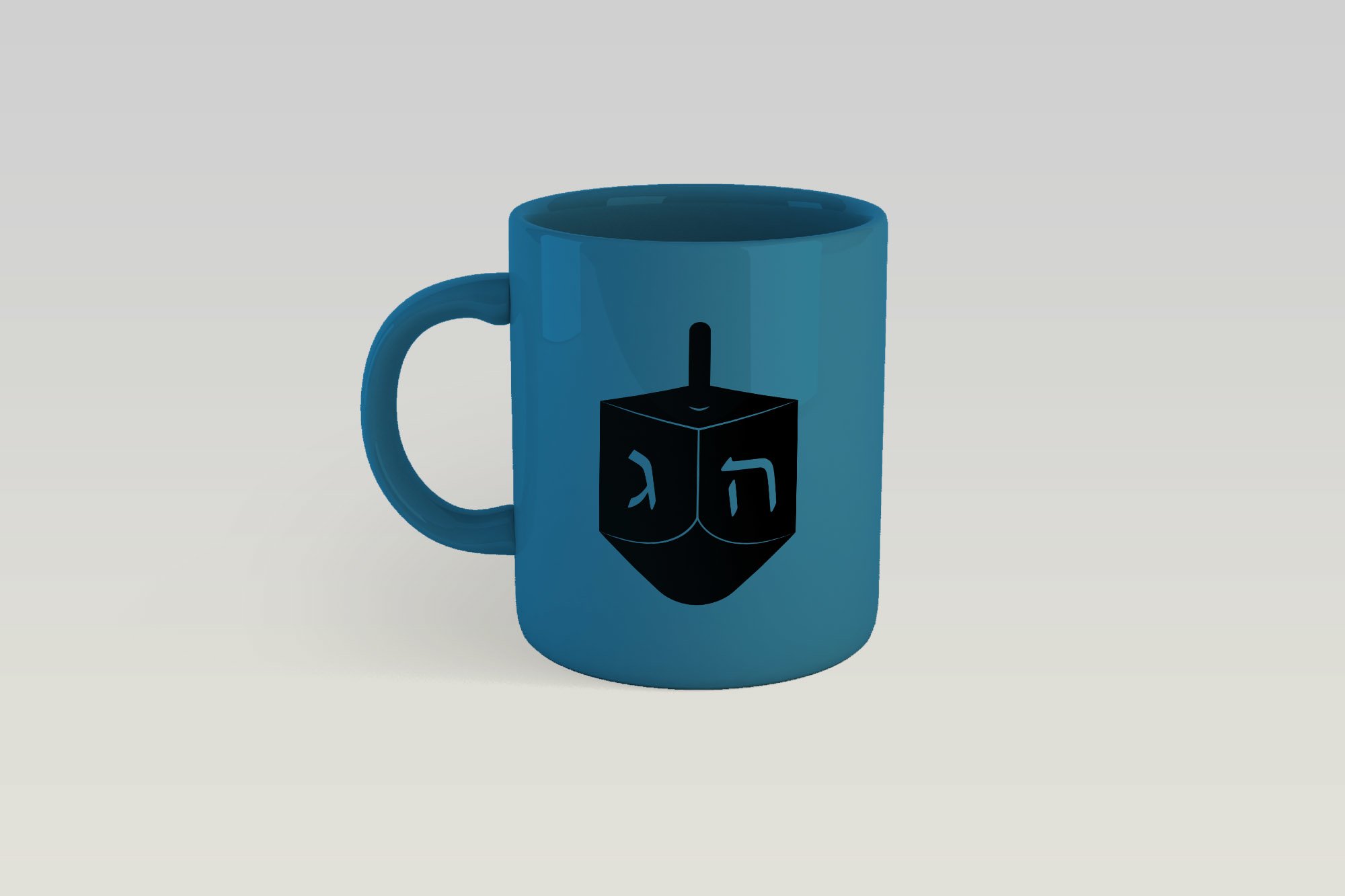 Blue cup with black print.