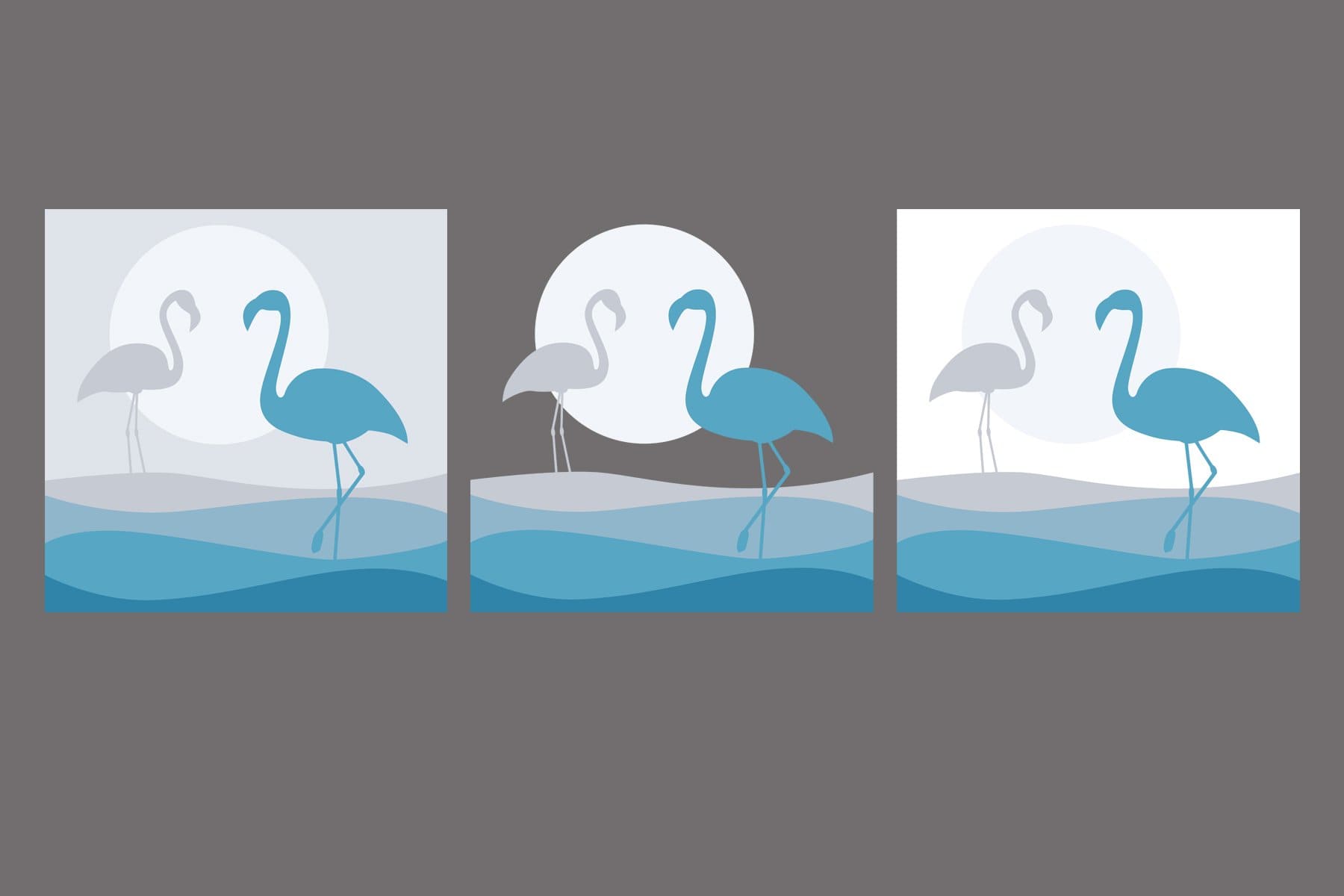 Three images of flamingos in blue and gray on a gray background.