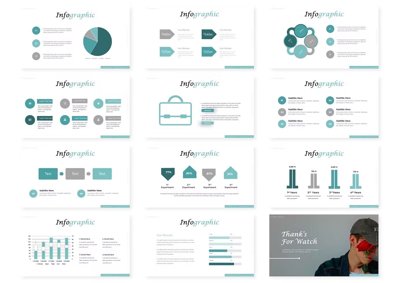 11 slides of infographic and one slide with inscription "Thank's for watch".
