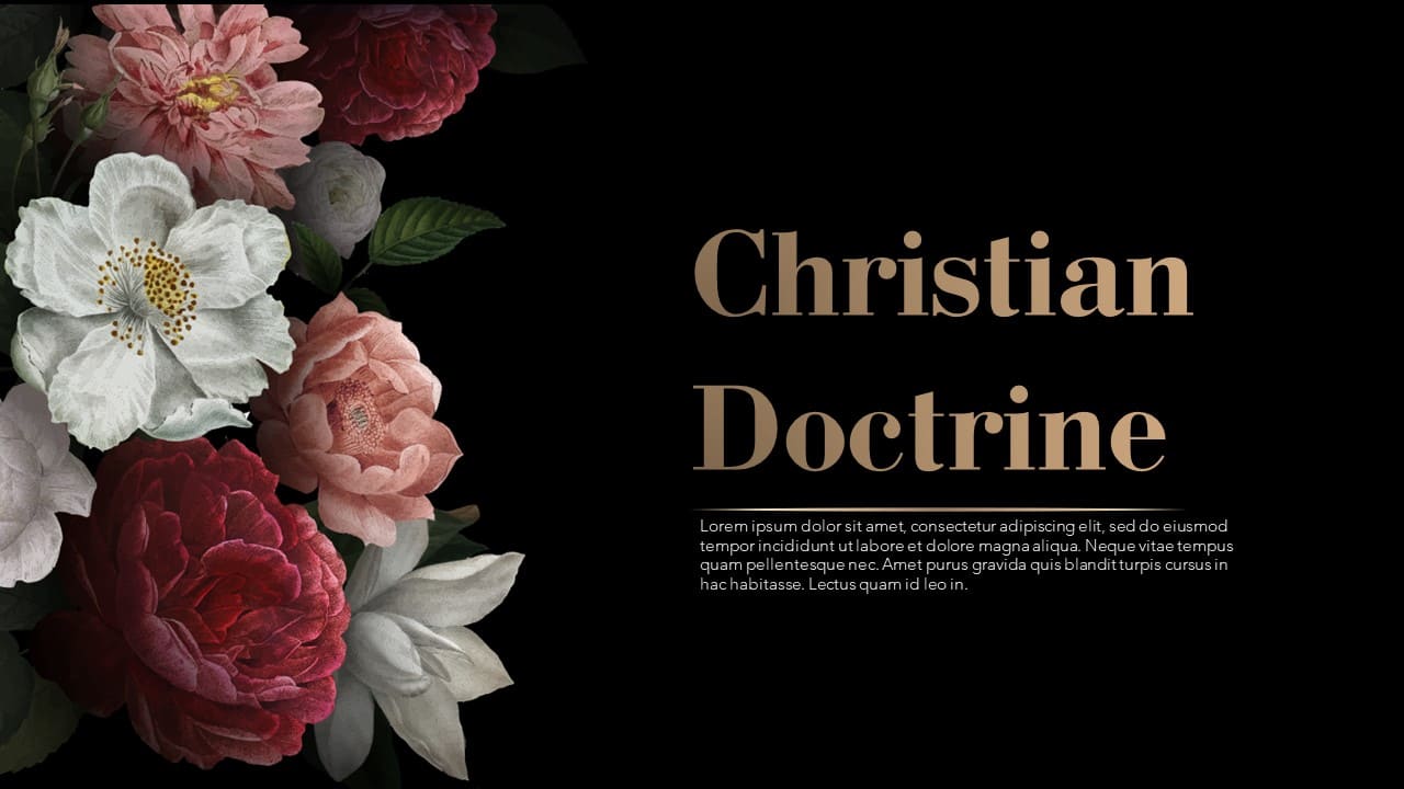 Black slide of Christian doctrine with colors and title.