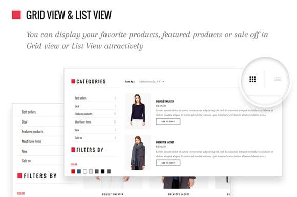 Grid view and list view of Pencil Shopify Theme.