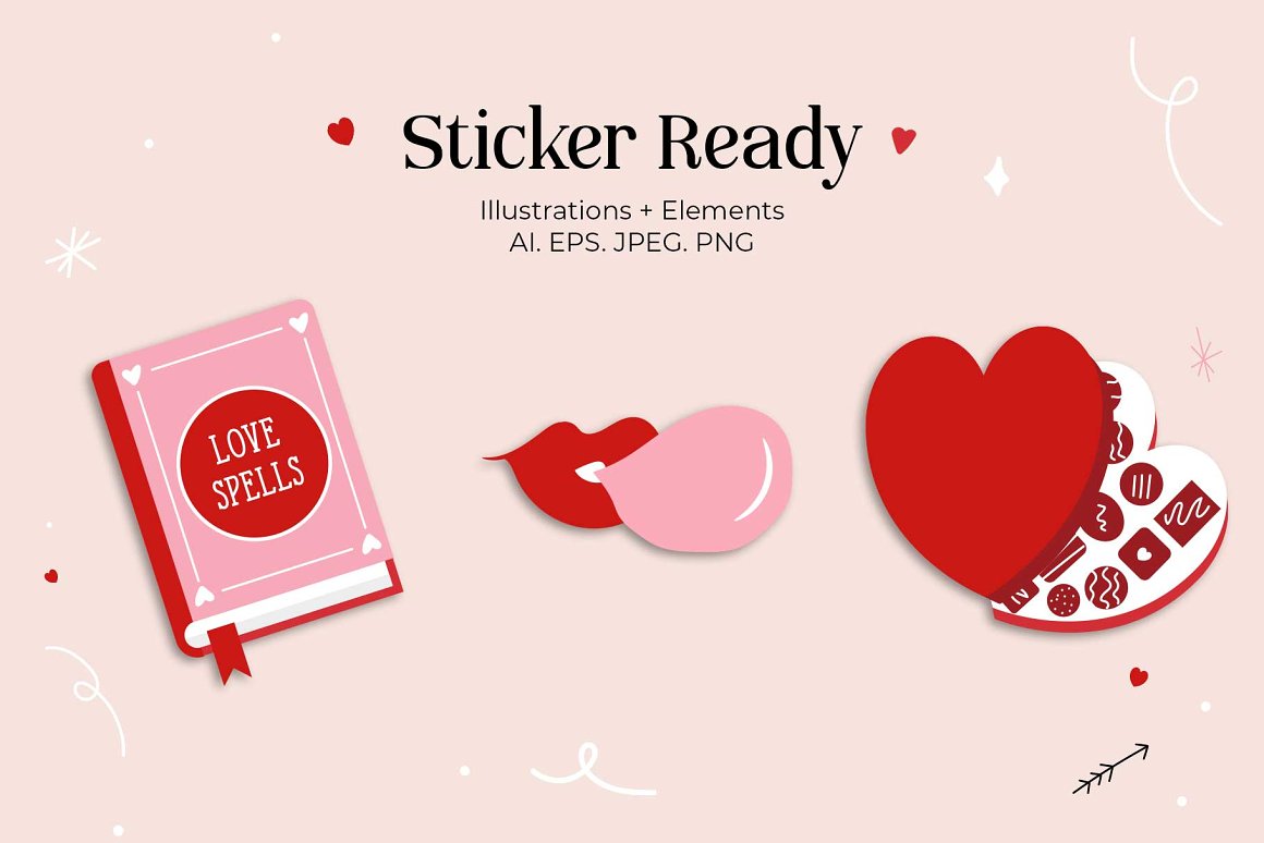 Illustrations for Valentine's Day with romantic books, candies and red lips.