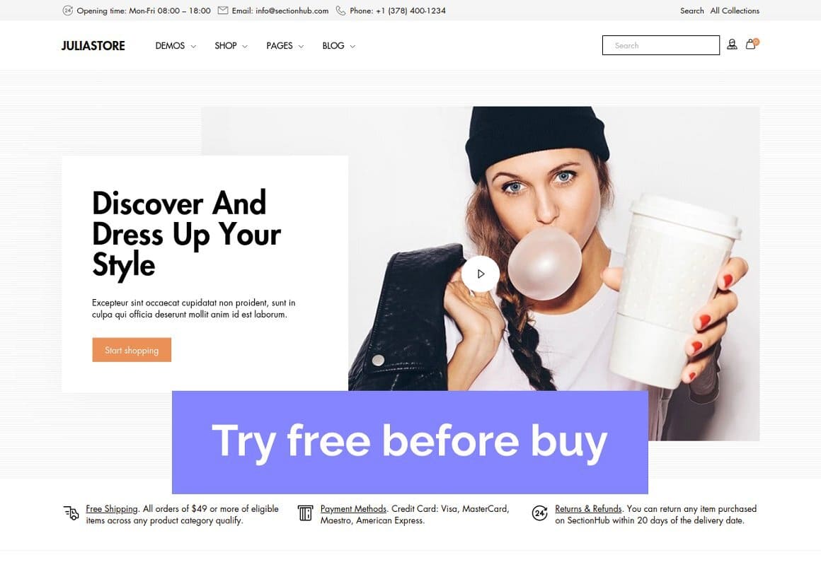 Try free before buy SectionHub - Clean Shopify Theme.