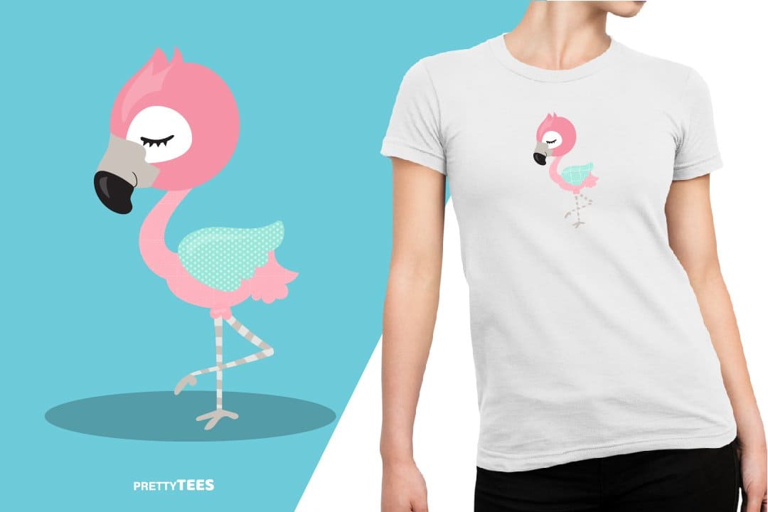 A pink flamingo is painted on a white short-sleeved t-shirt.