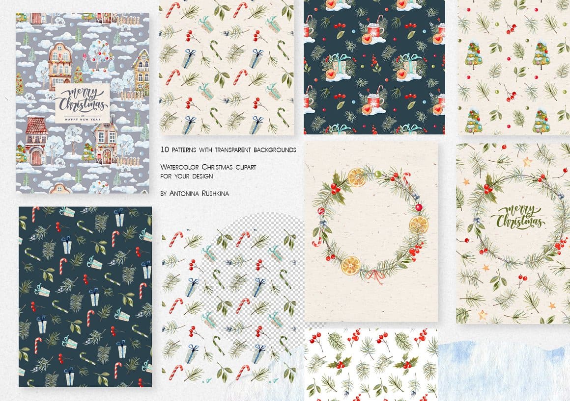 Watercolor drawings with Christmas design.