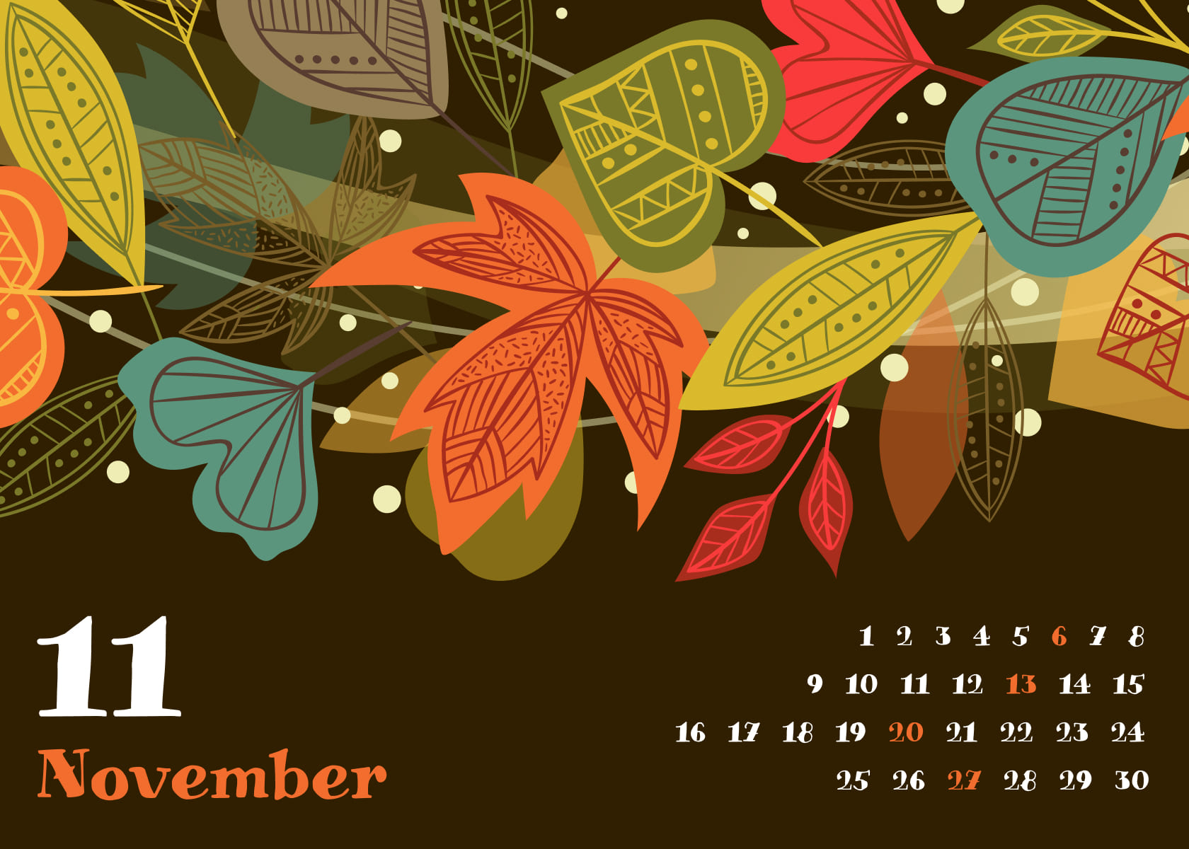 Calendar for November in brown color, resolution 1680x1200.