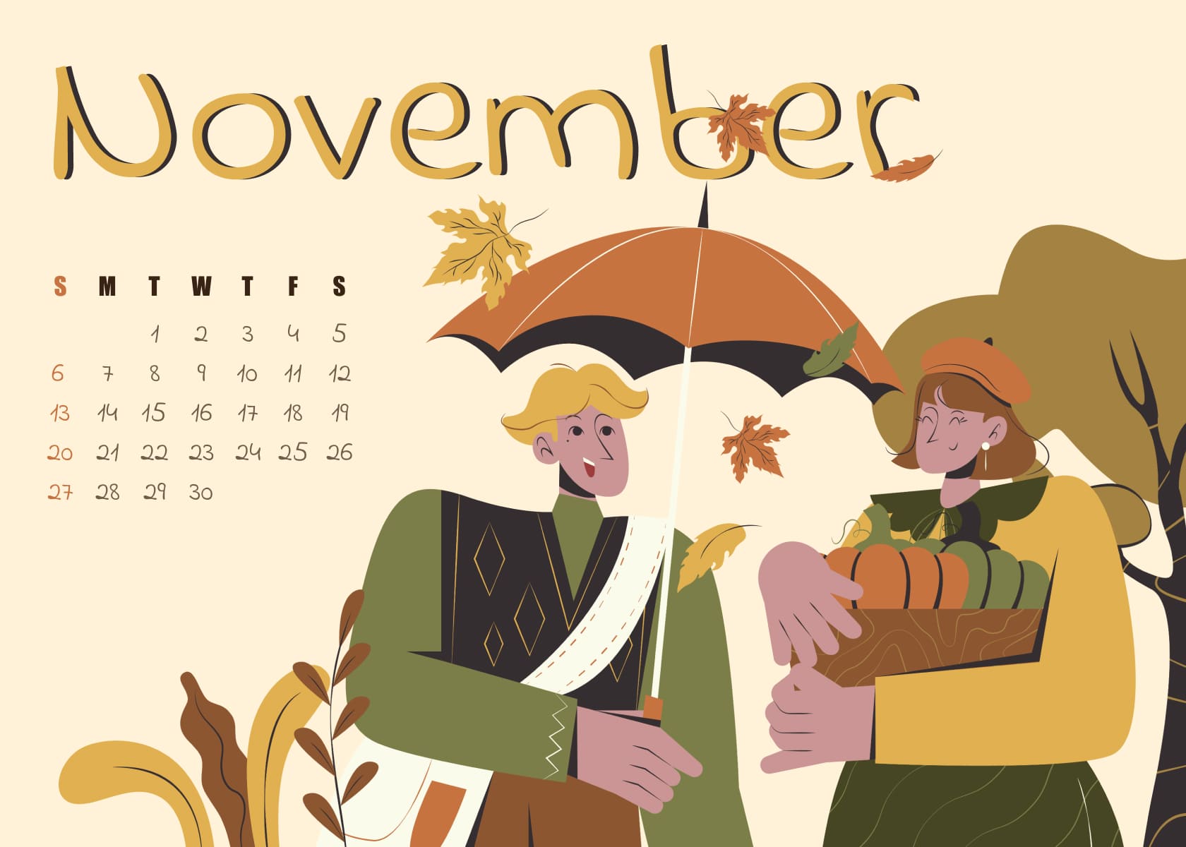 Free autumn November calendar, image size 1680x1200.