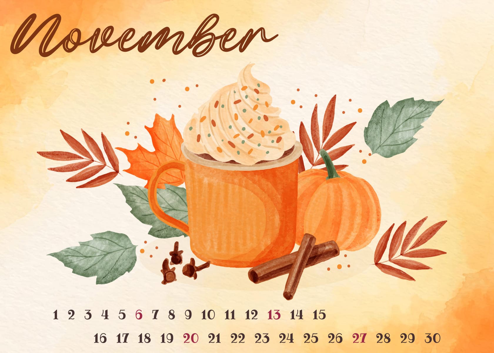 Free food calendar for November 1680x1200.