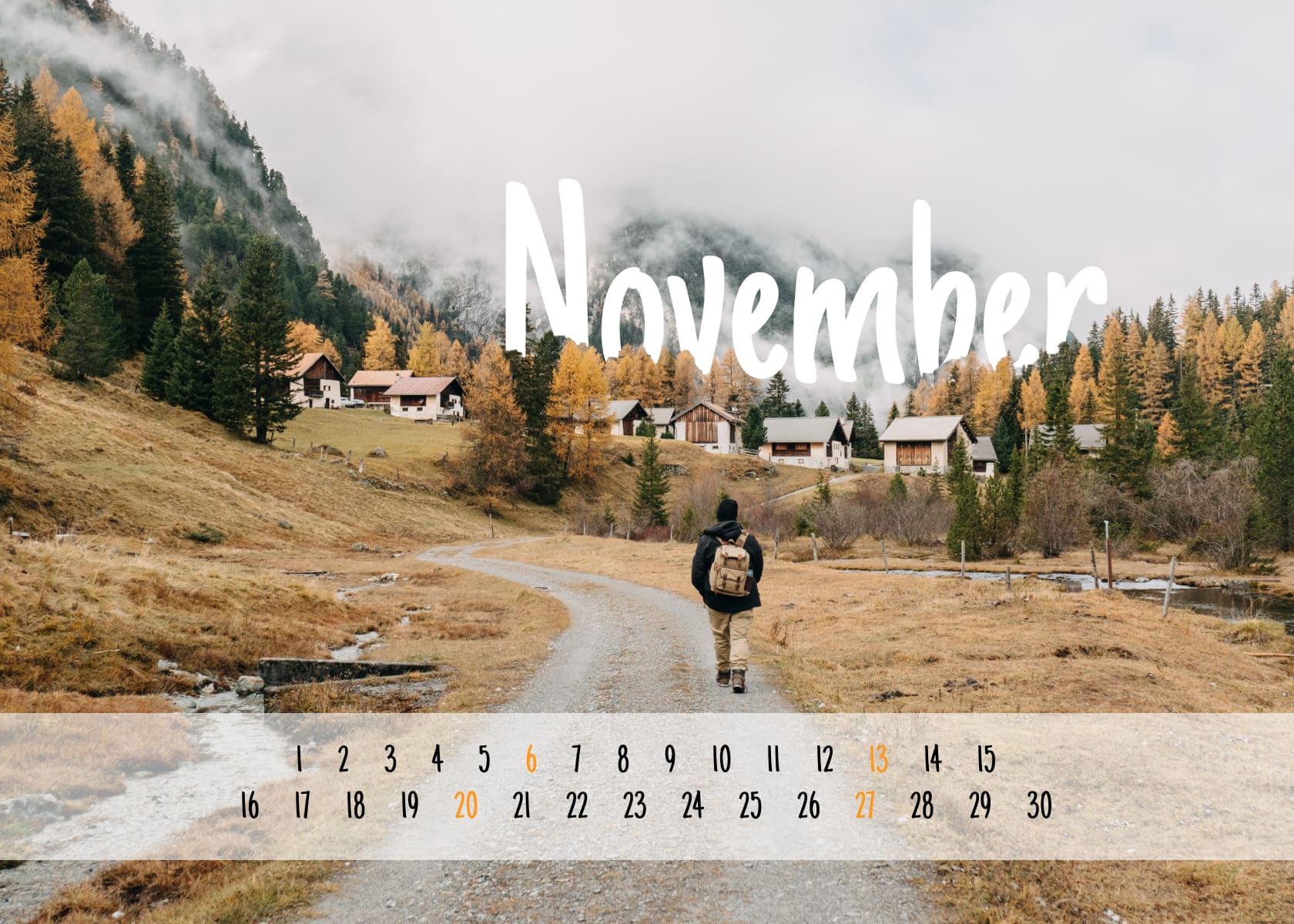 Free November calendar with mountains size 1680x1200.