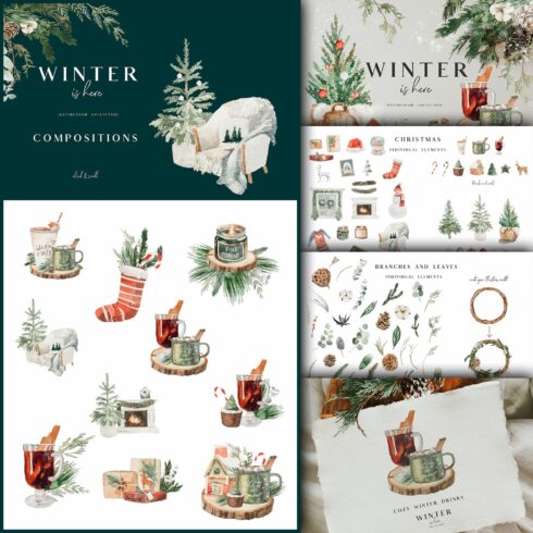 Images illustration winter is here watercolor set.