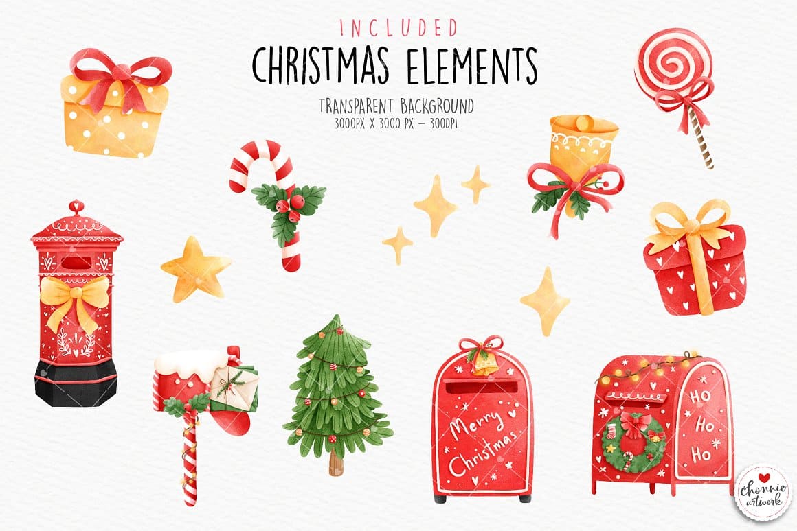 Christmas elements on the transparent background.