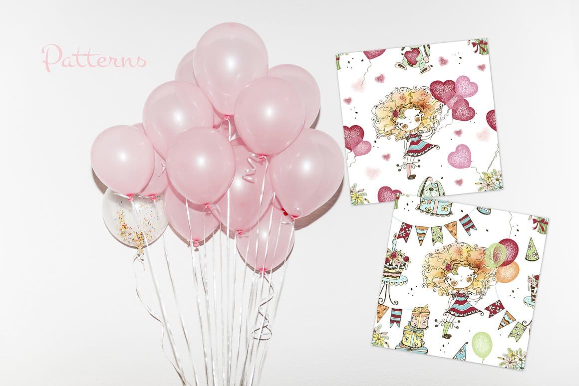 Soft pink balloons and two images of a cute girl.