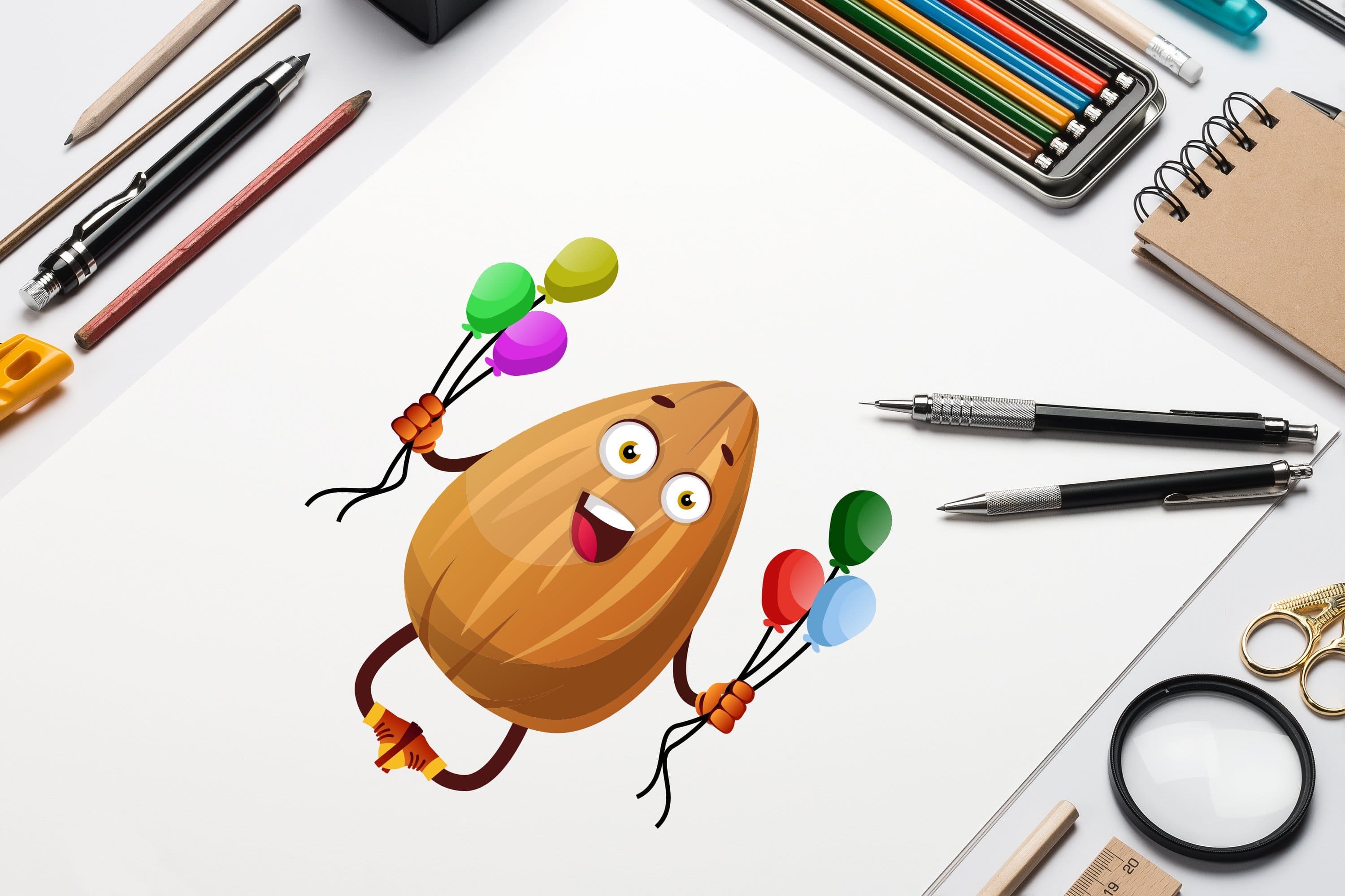 An almond holding balloons is drawn on a white sheet of paper.