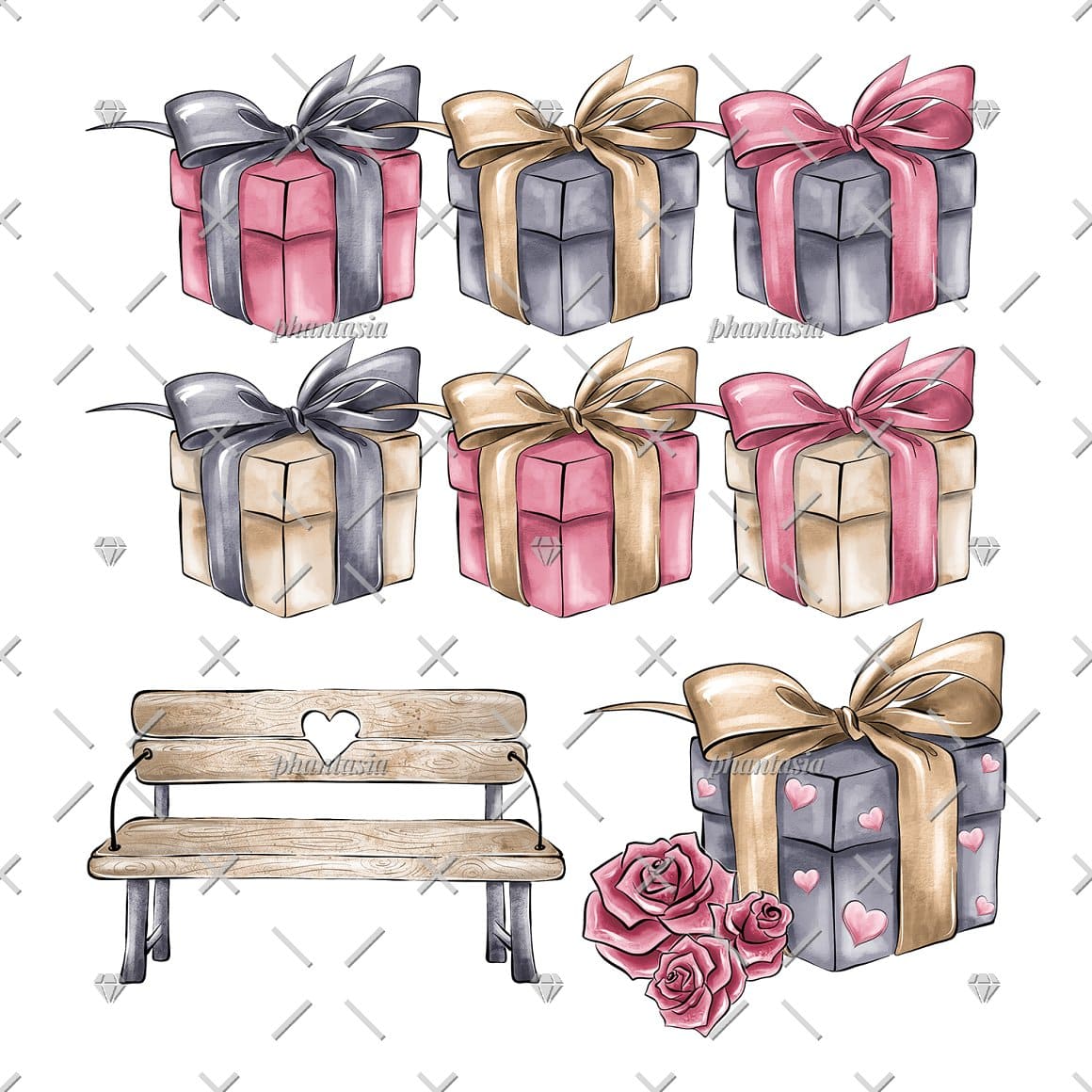 Gifts for Valentine's Day with bows in different colors.
