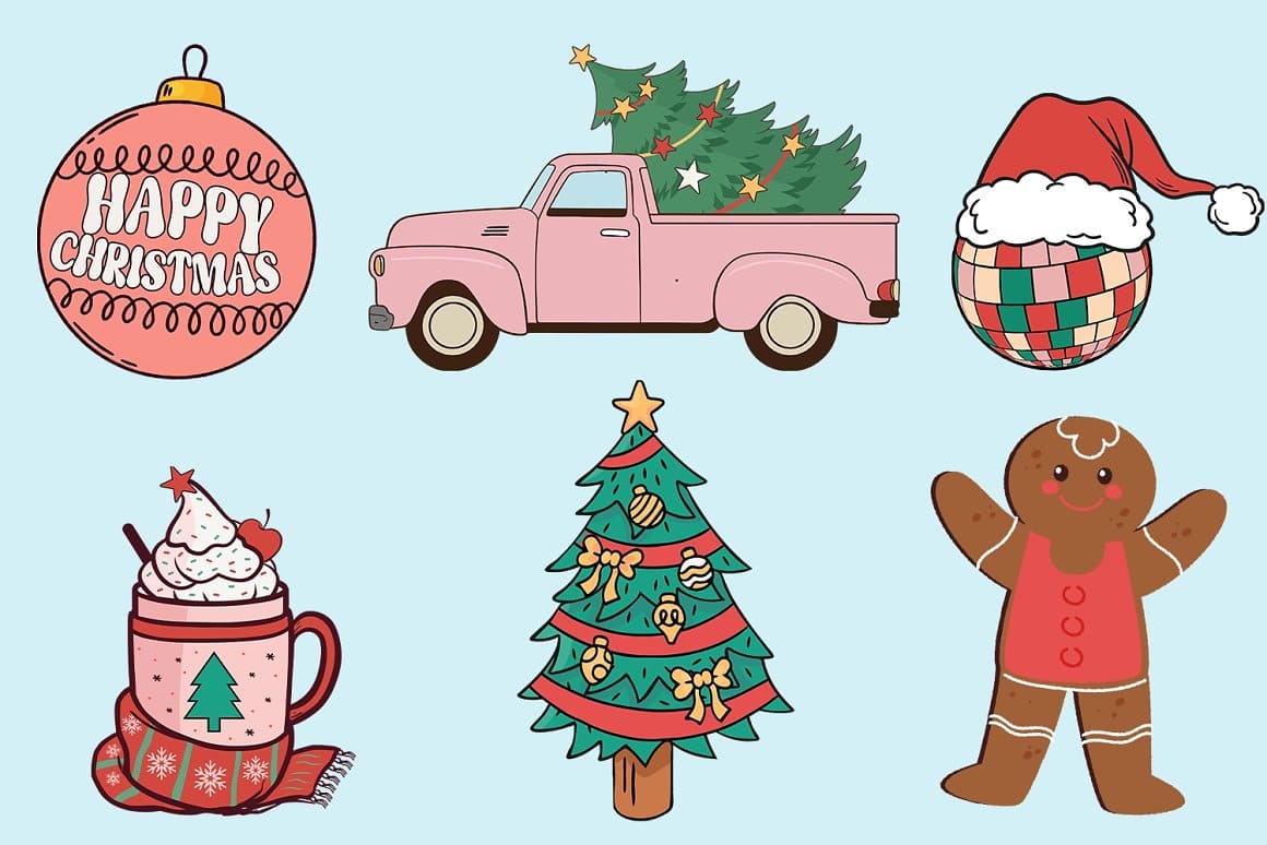 Image of hot drinks, cookies, Christmas tree and retro car.