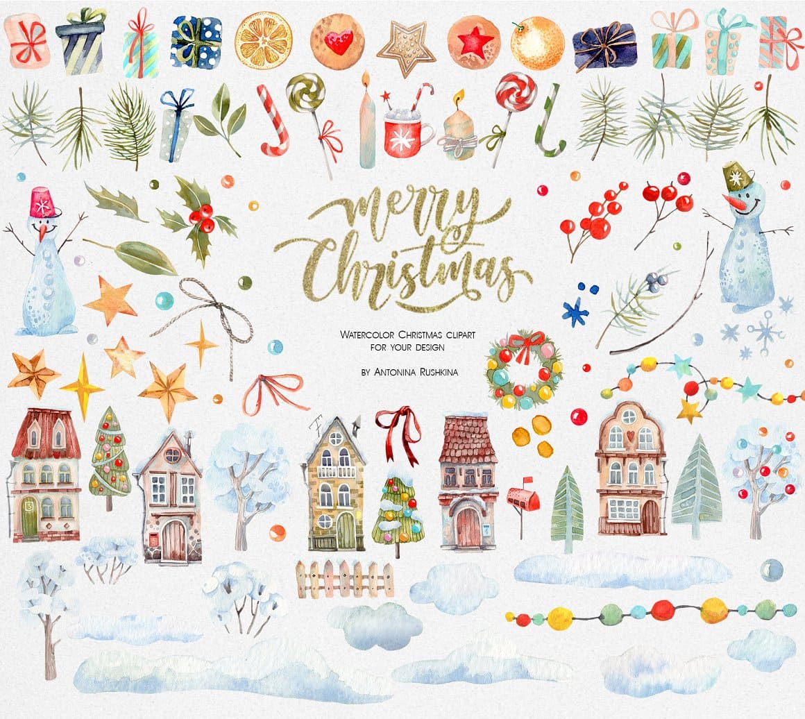Christmas design elements: stars, houses and decorations.