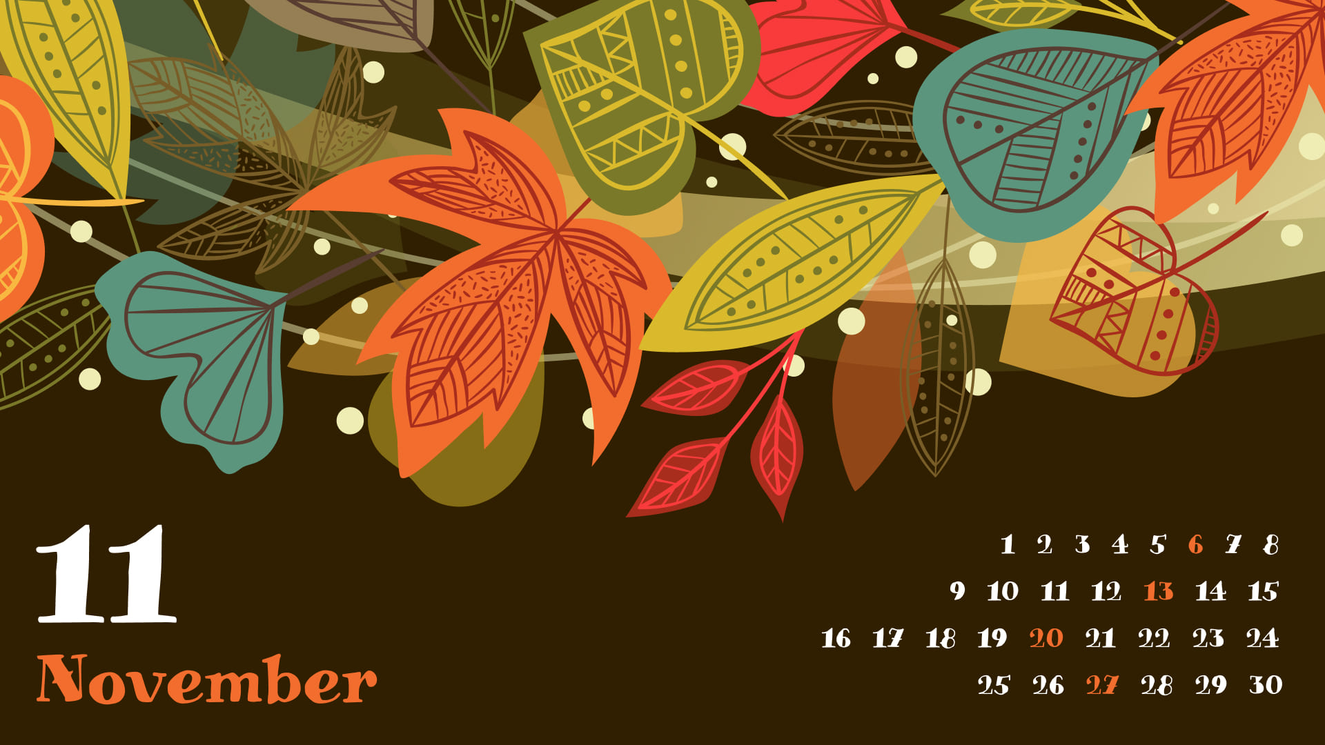 Calendar for November in brown color, resolution 1920x1080.