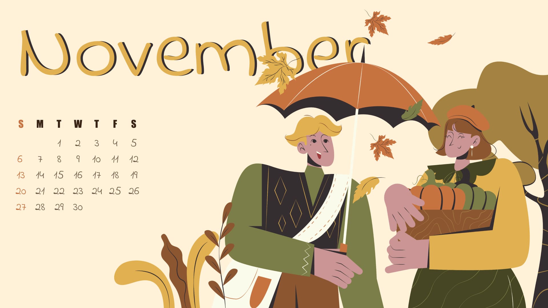 Free autumn November calendar, image size 1920x1080.