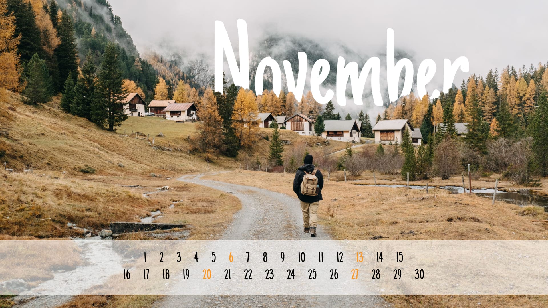 Free November calendar with mountains size 1920x1080.