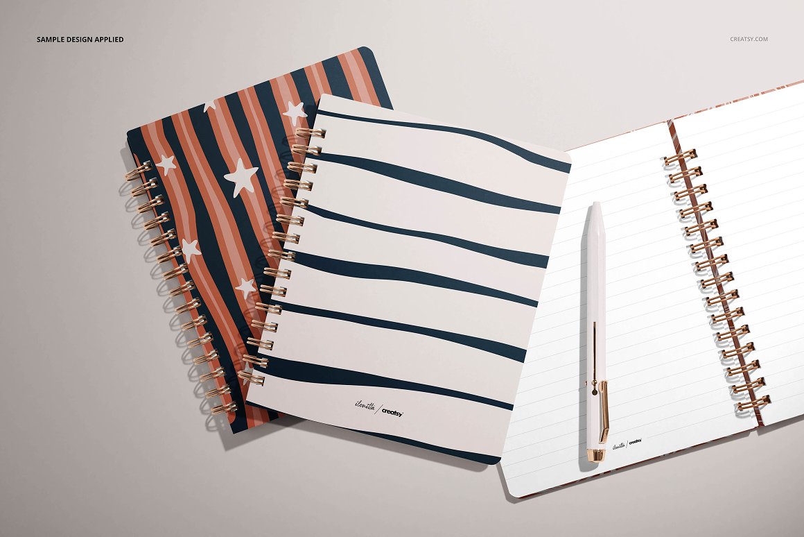 Different notebooks with pictures of stripes and stars.