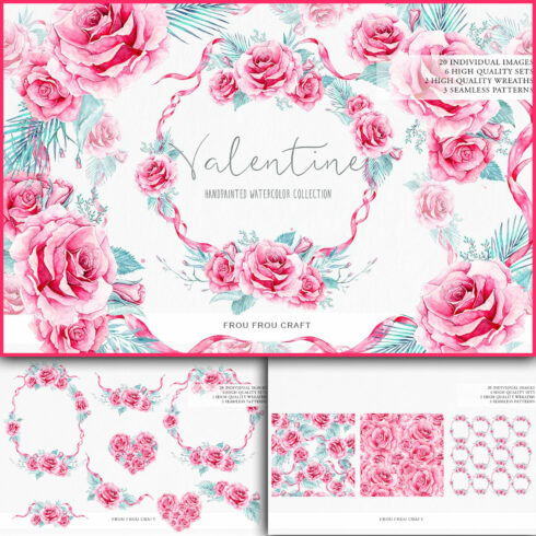 3 seamless patterns of Valentine handpainted watercolor collection.