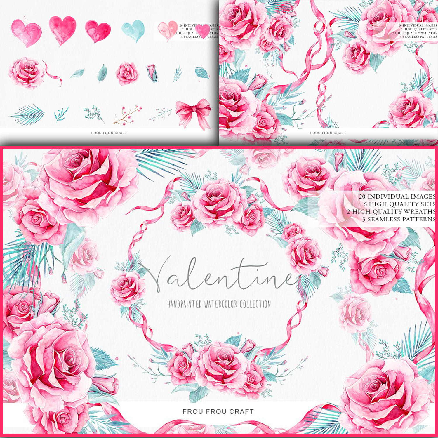 2 high quality wreaths of Valentine handpainted watercolor collection.