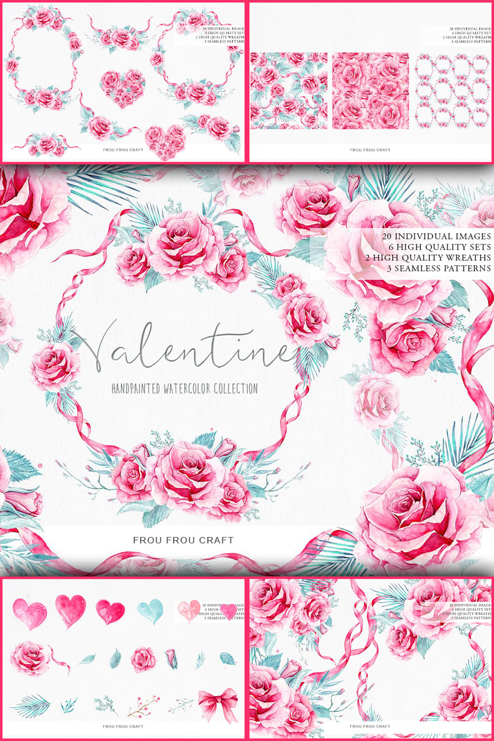 20 individual images of Valentine handpainted watercolor collection.
