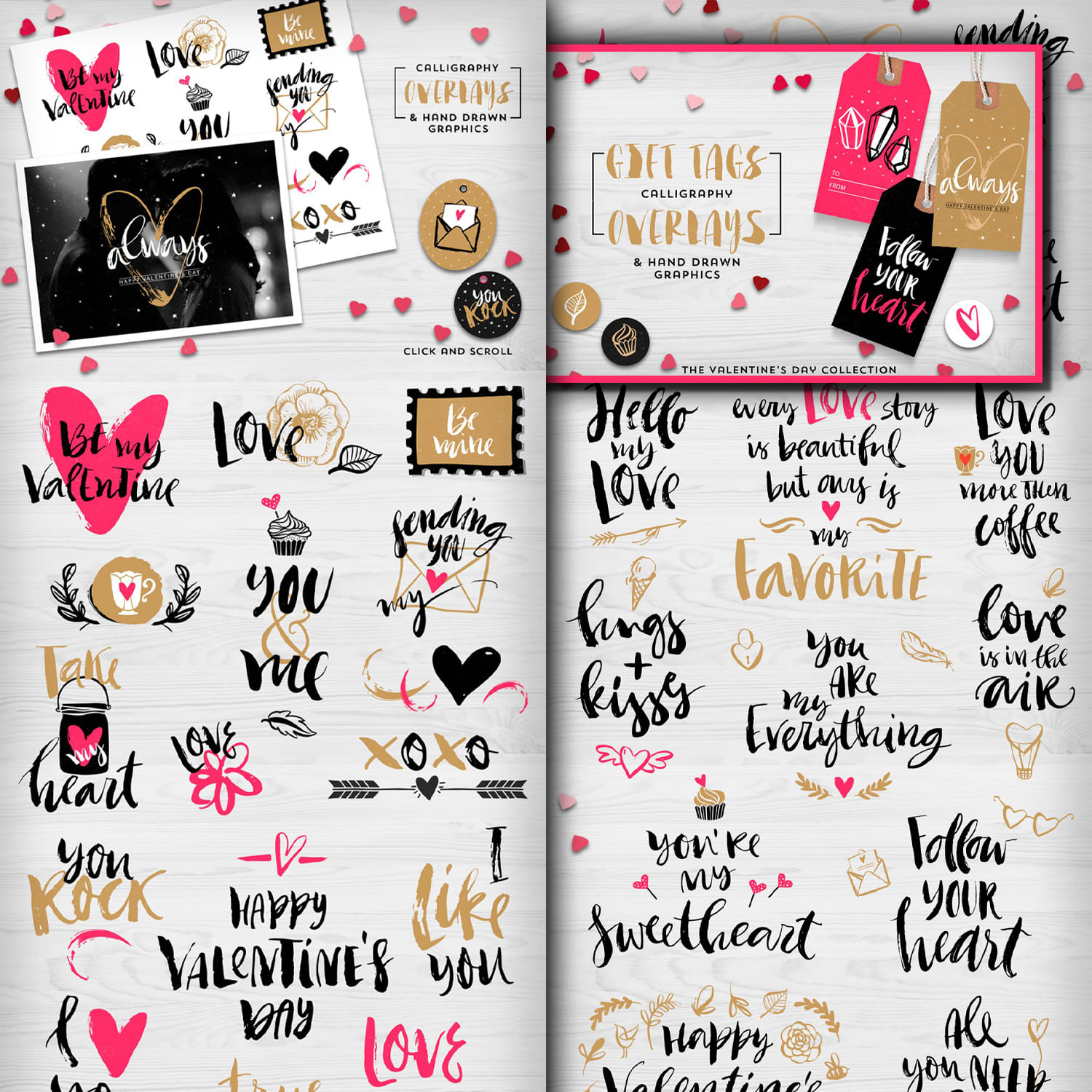 Gold, pink and black lettering about love.
