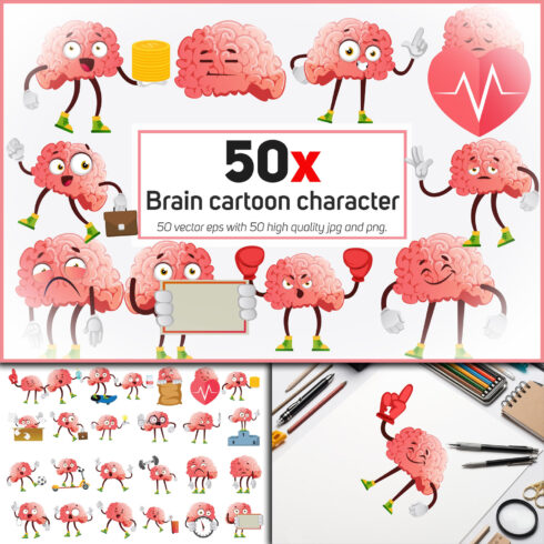 Prints of brain cartoon character collection illustratio.