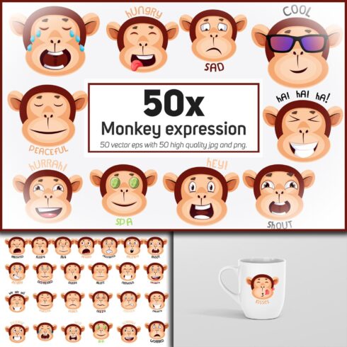 Prints of monkey expression emoticon collection illustrations.