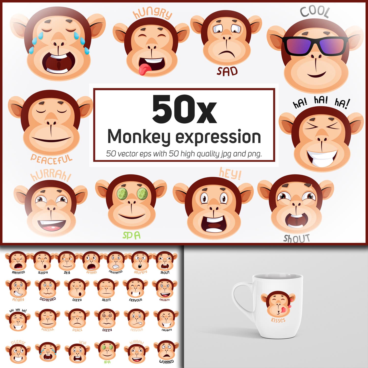 Prints of monkey expression emoticon collection illustrations.