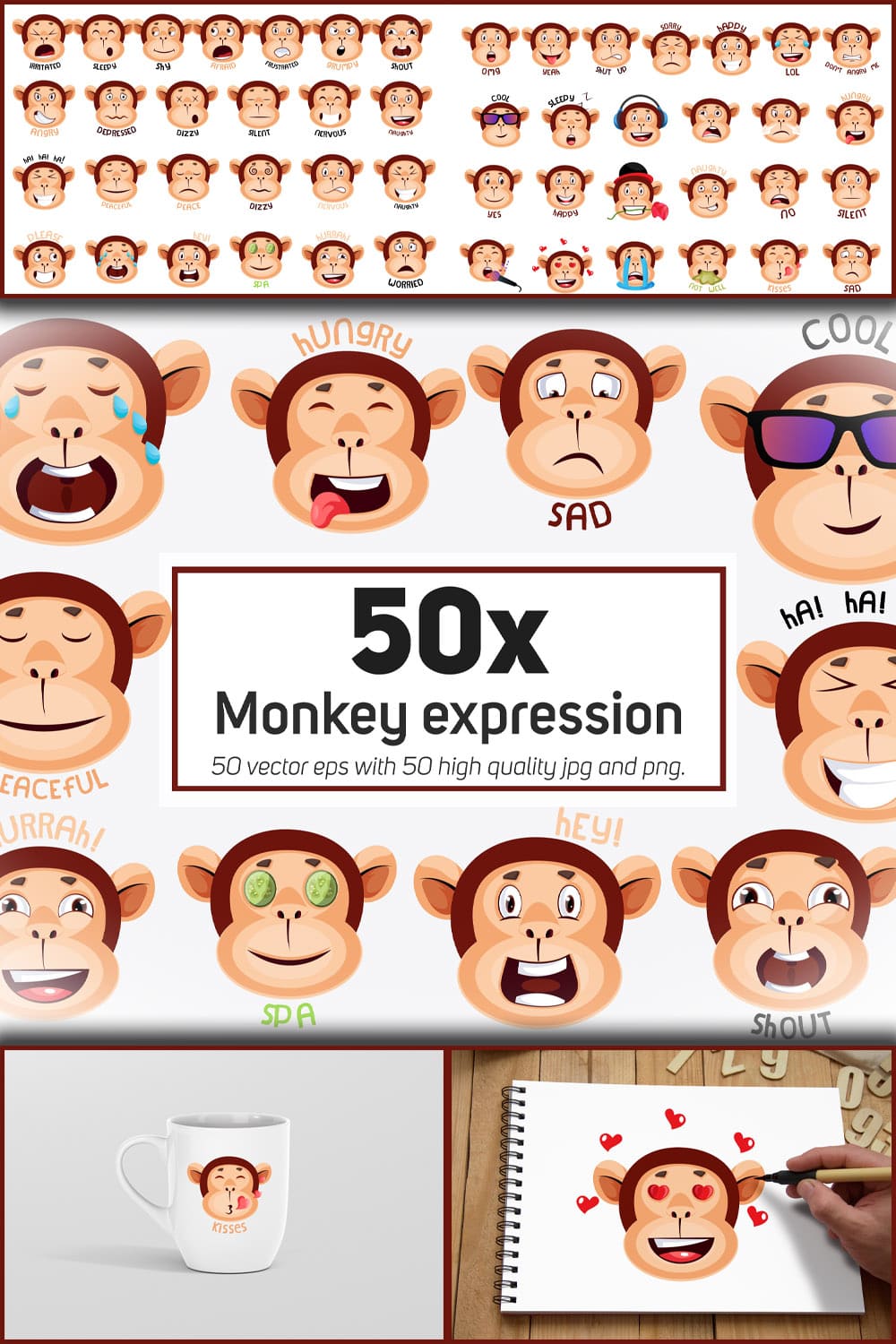 Monkey expression emoticon collection illustrations of pinterest.