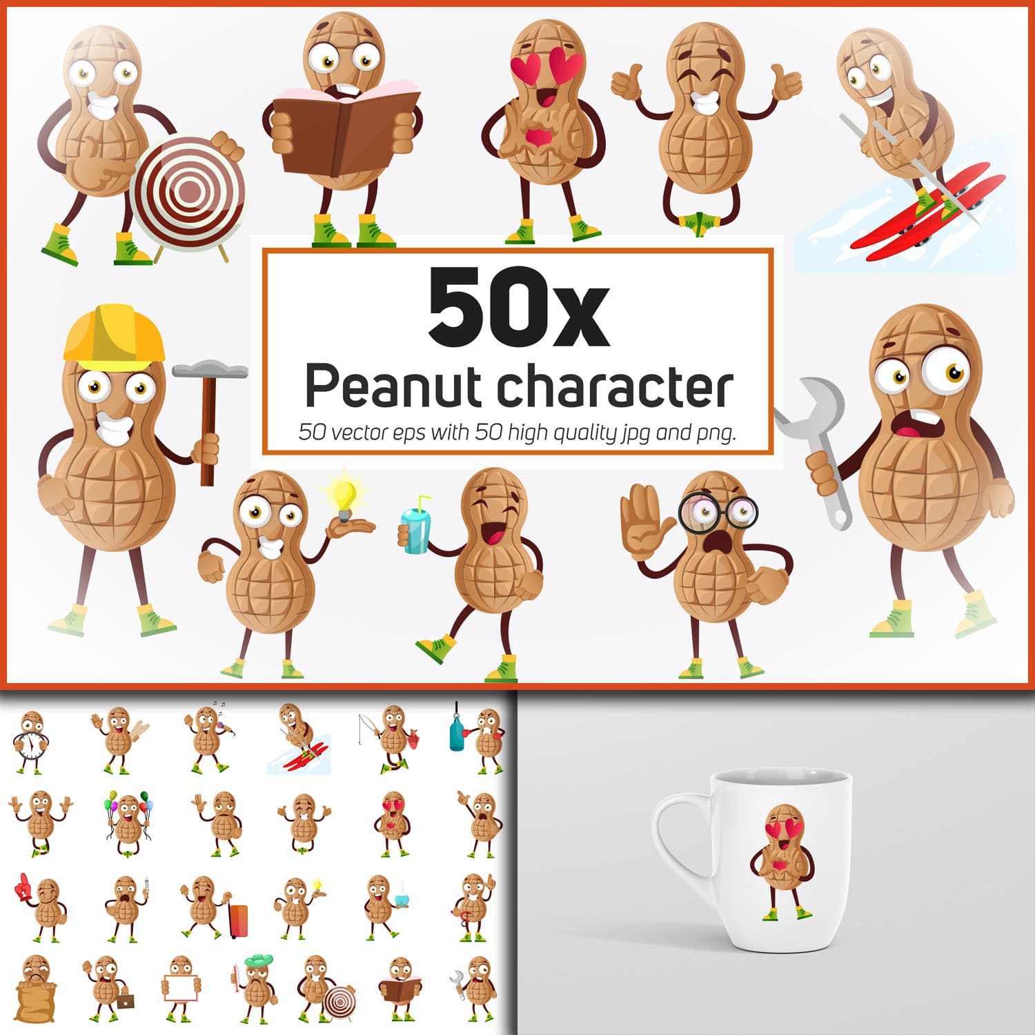 Prints of peanut character or mascot in different situations.