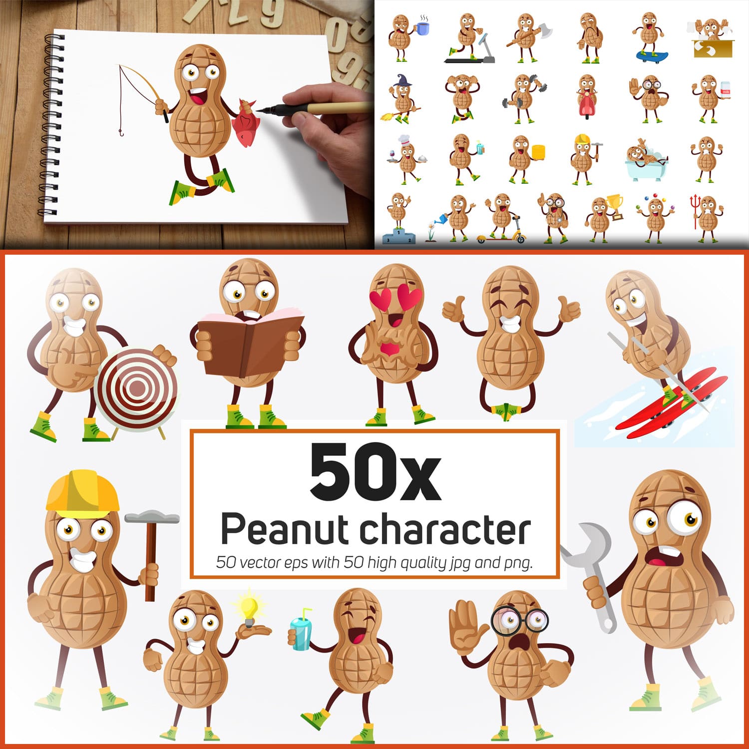 Preview peanut character or mascot in different situation.